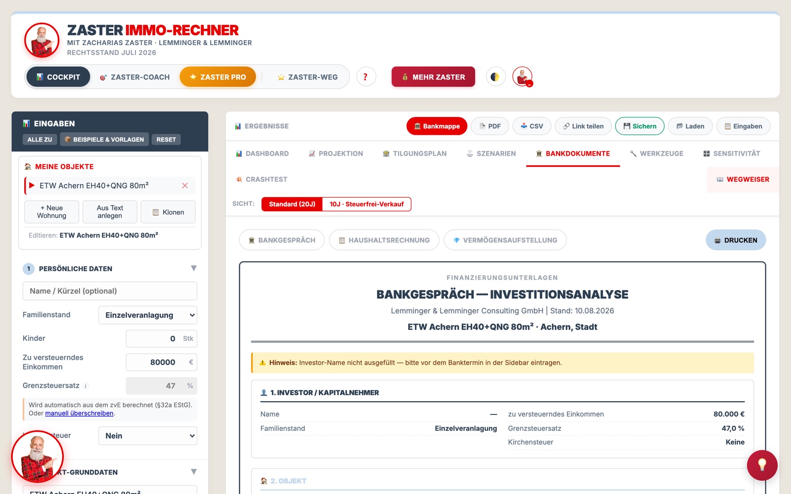 Bankmappe aus dem Zaster-Immo-Rechner